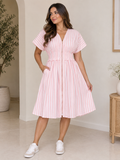 Vestido Midi a Rayas Rosa y Blanco con Cremallera y Bolsillos
