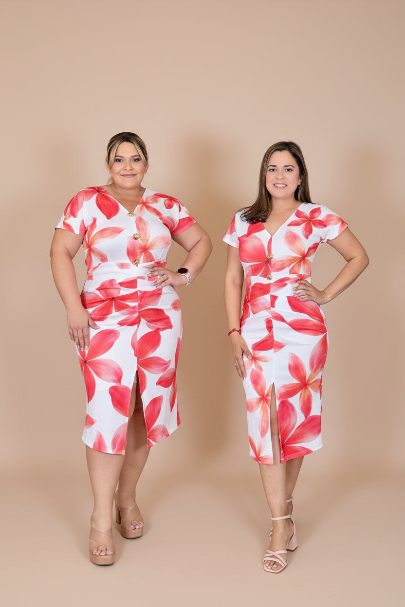 Vestido Floral Rojo y Blanco para Mujer/ Vestido Elegante Casual/ Moda Femenina en Panamá