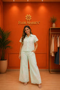 Conjunto de Dos Piezas Encaje Bordado Verde Menta Pantalón Palazzo | Set para Mujer en Panamá