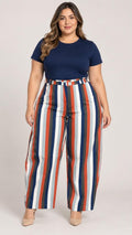 Pantalón Plus Size de Rayas Multicolor y Pierna Ancha para Mujer