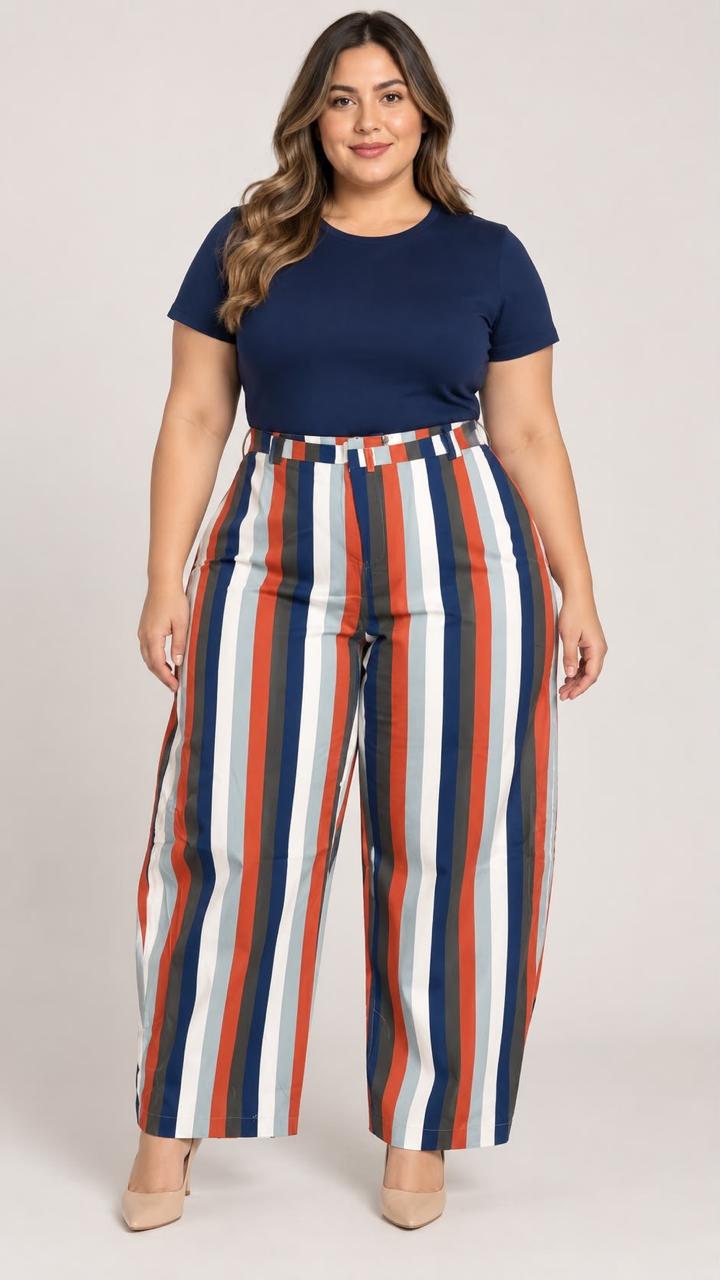 Pantalón Plus Size de Rayas Multicolor y Pierna Ancha para Mujer
