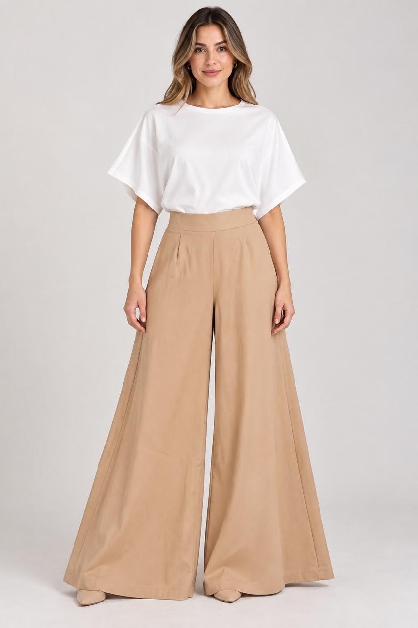 Pantalón Palazzo Beige de Cintura Alta para Mujer