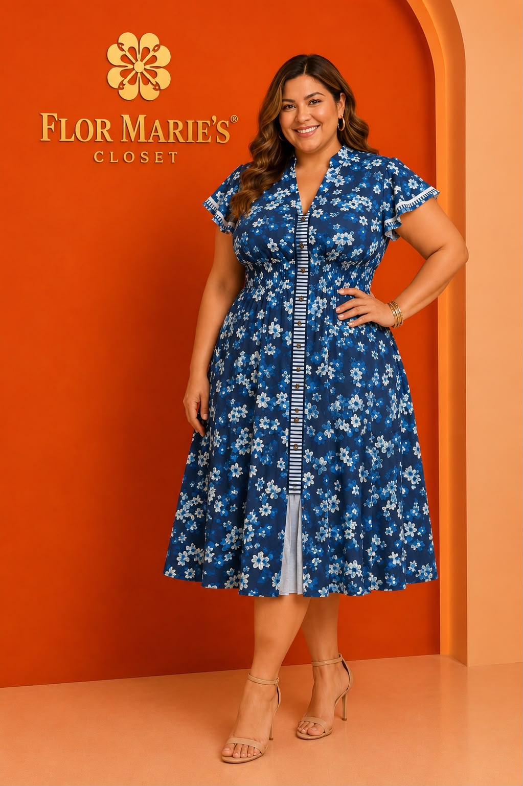 Vestido Plus Size Midi Floral Azul con Botones y Cintura Fruncida para Mujer - Manga Corta Volante/Tallas Grandes para Mujer en Panamá