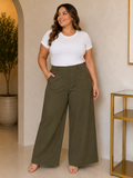 Pantalón Ancho Verde Olivo Bolsillos Festoneados