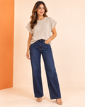 Blusa Beige de Mujer con Cuello Redondo y Manga Corta
