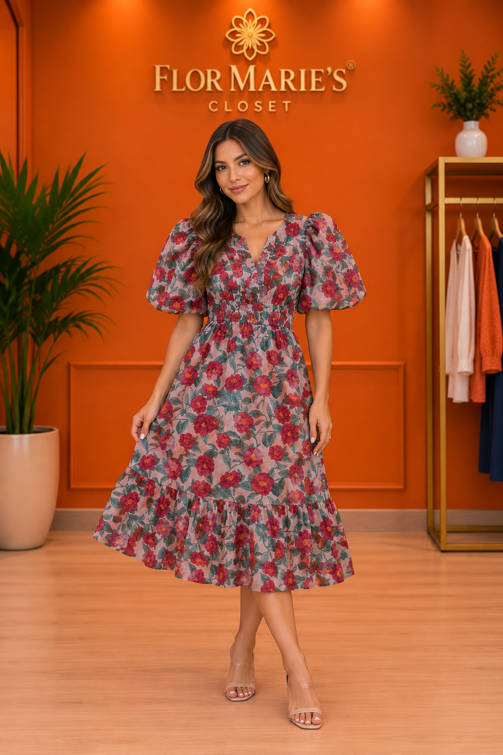 Vestido Midi Floral con Mangas Abullonadas y Falda Volante