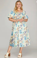 Vestido Midi Floral Plus Size con Parte superior elàstica y Mangas Sueltas