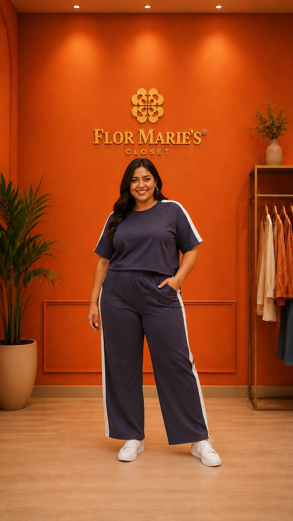 Set Deportivo Gris Franjas Crema Blusa Oversize Pantalón Wid Leg/Conjunto Plus Size para Mujer en Panamá