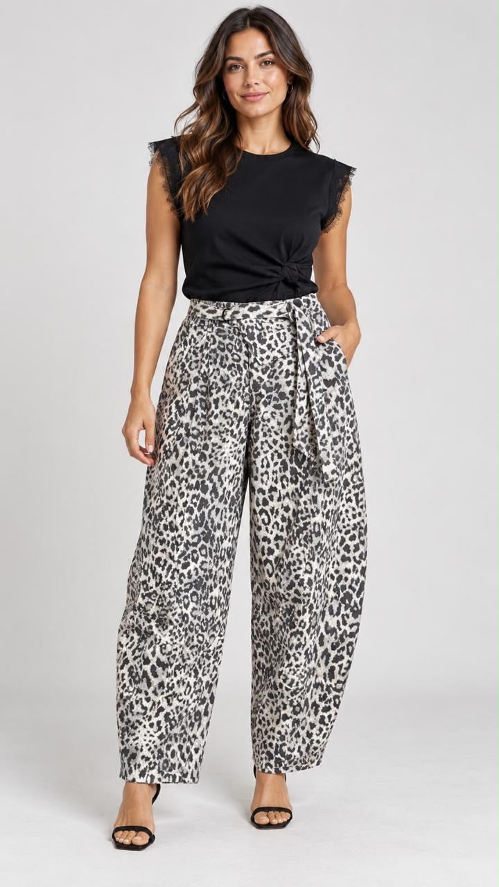 Pantalón Barrel Animal Print con Cinturón para Mujer