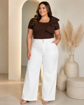 Pantalón Blanco de Pierna Ancha con Cintura Alta y Bolsillos