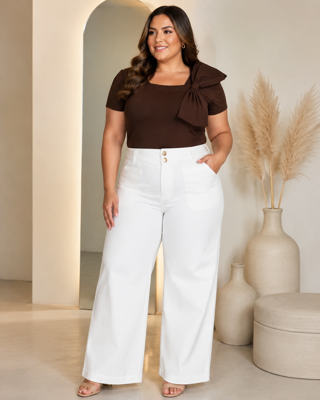 Pantalón Blanco de Pierna Ancha con Cintura Alta y Bolsillos