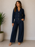 Conjunto de Chaqueta Tipo Blazer y Pantalón de Pierna Ancha Azul Marino