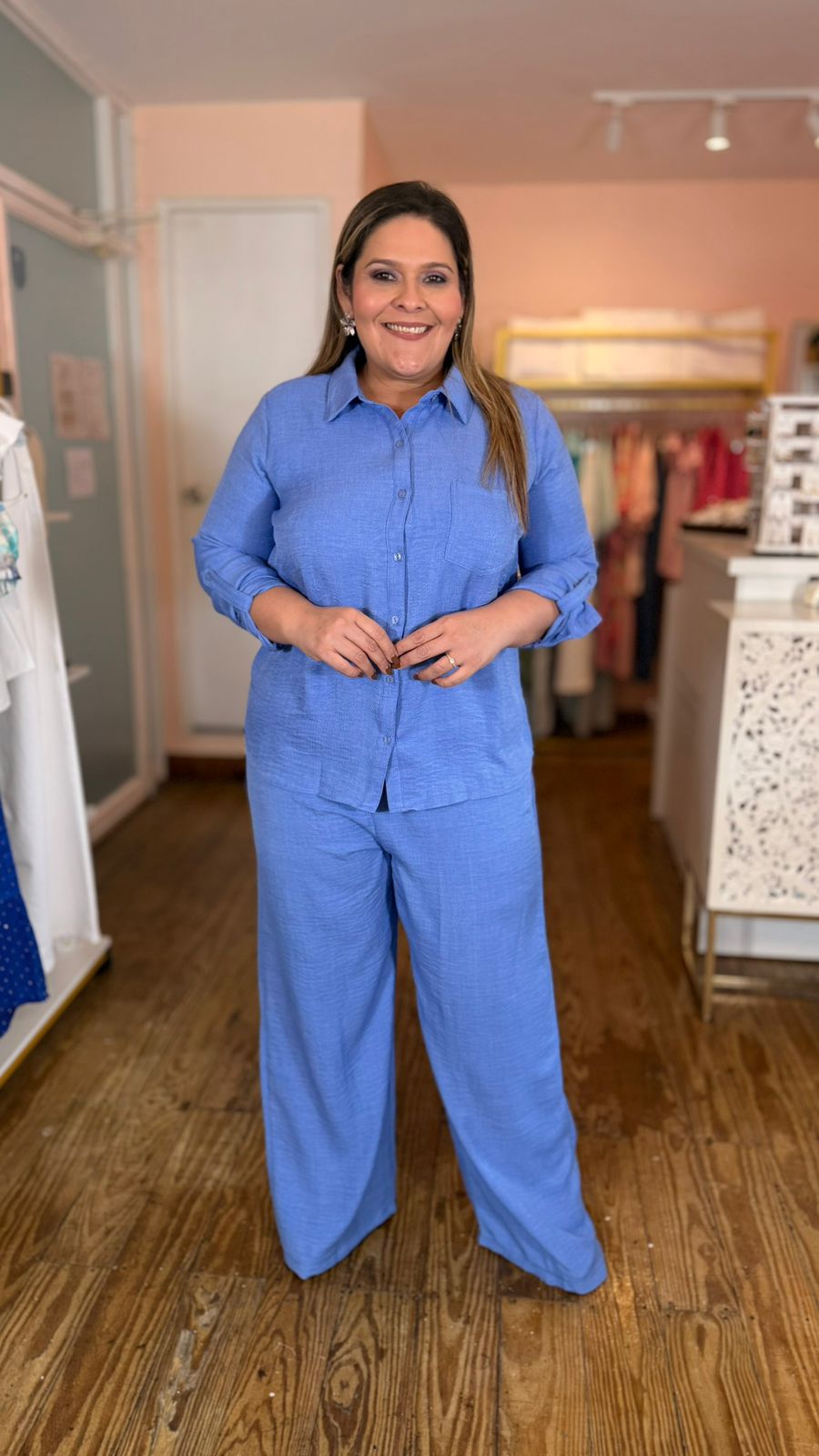 Conjunto Plus Size Azul para Mujer en Panamá/Set Elegante con Camisa y Pantalón Palazzo