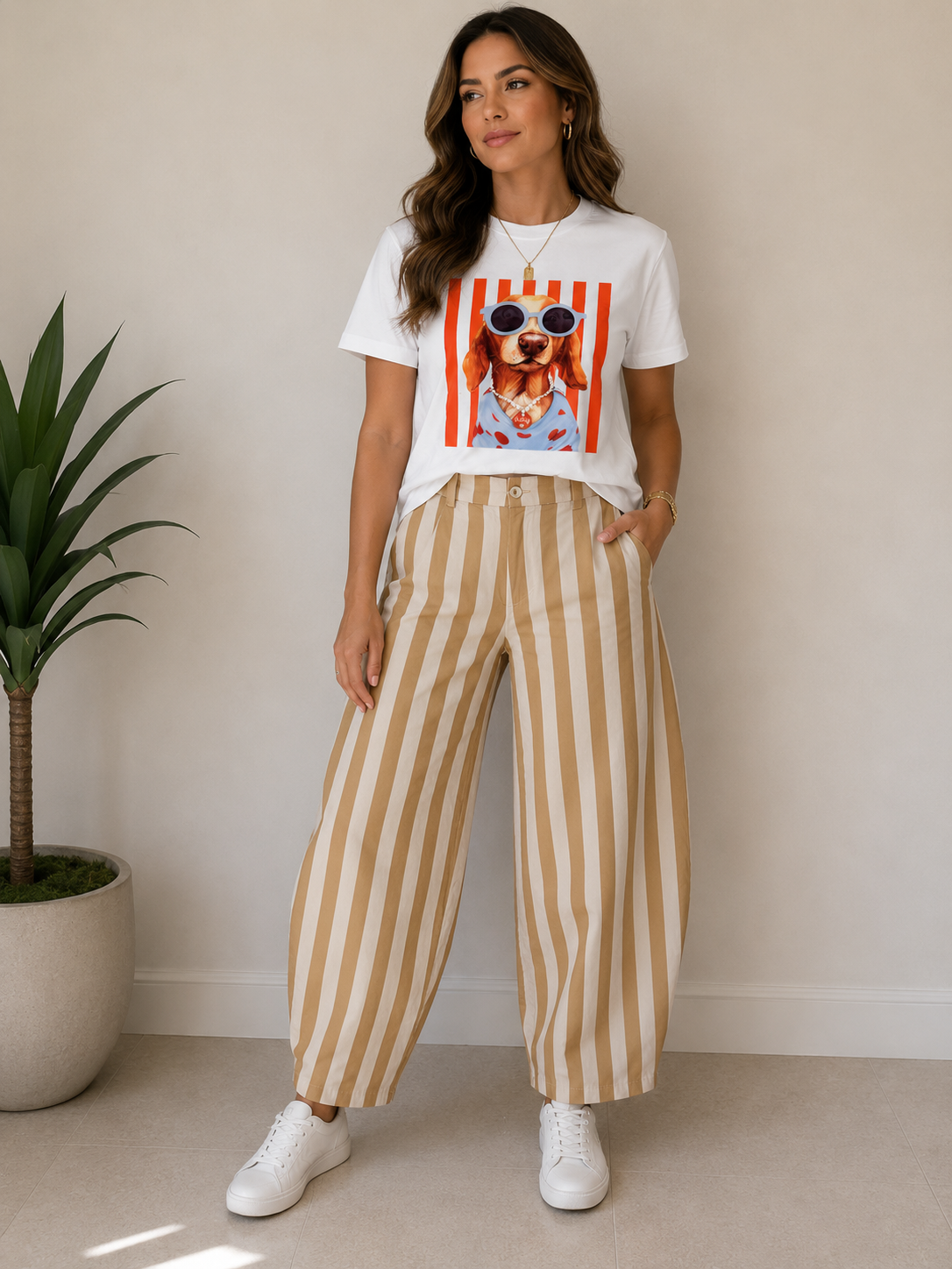 Sarisa Pantalón de Pierna Ancha con Rayas Verticales Beige y Blanco