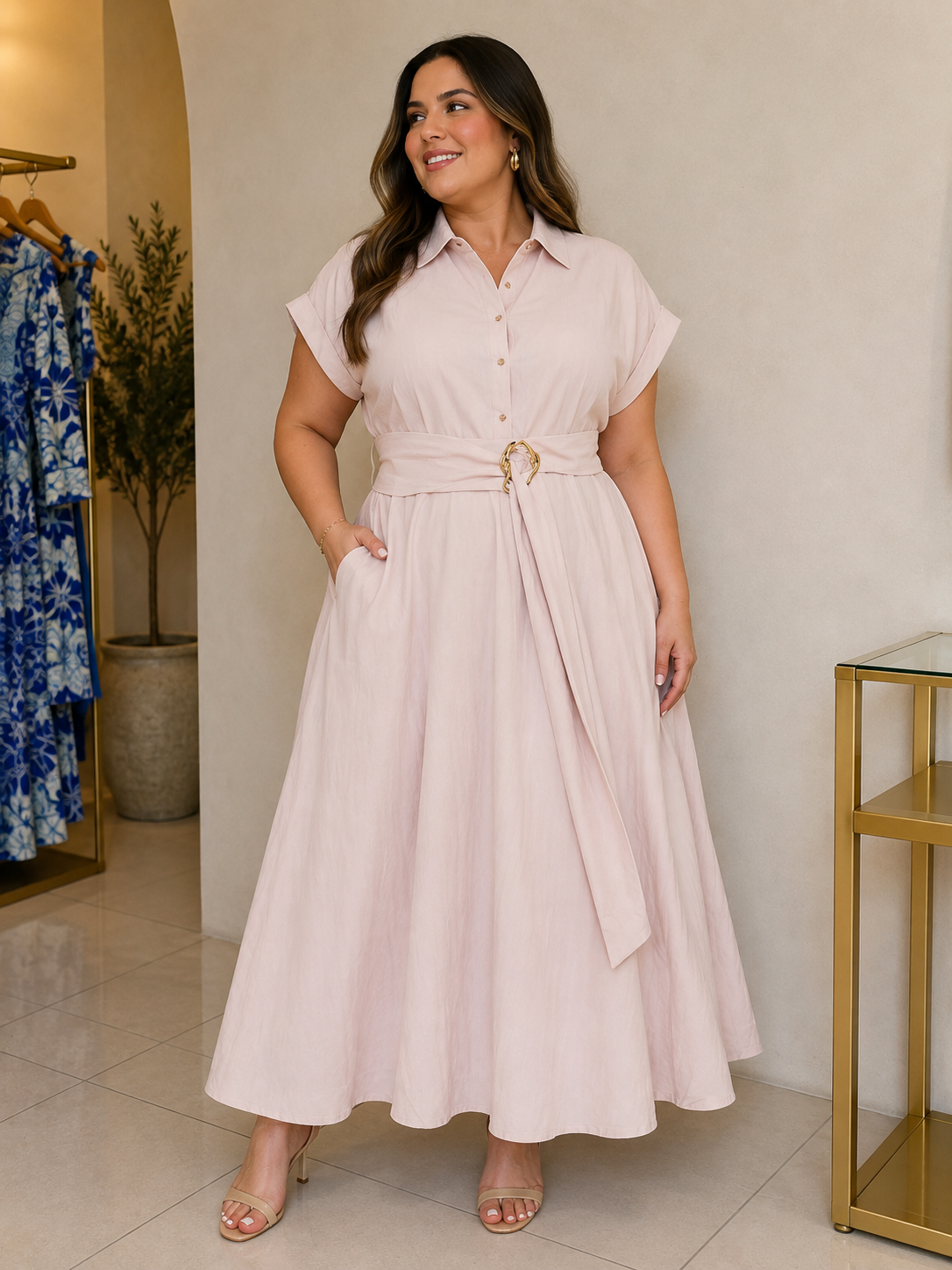 Vestido Maxi Plus Size Rosa Claro con Cinturón y Bolsillos