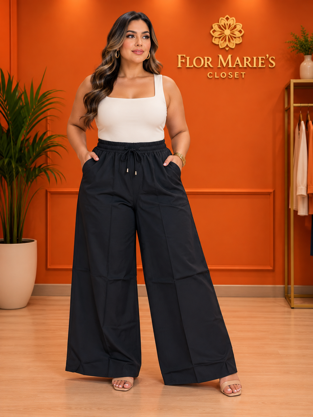 Pantalón Palazzo Plus Size Negro con Cintura Elástica y Cordón Ajustable