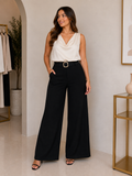 Pantalón Palazzo Negro de Tiro Alto con Cinturón y Bolsillos