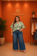 Blusa Estampada Botanica Verde Talla Plus Size/Blusa Cuello V Manga Corta para Mujer en Panamá