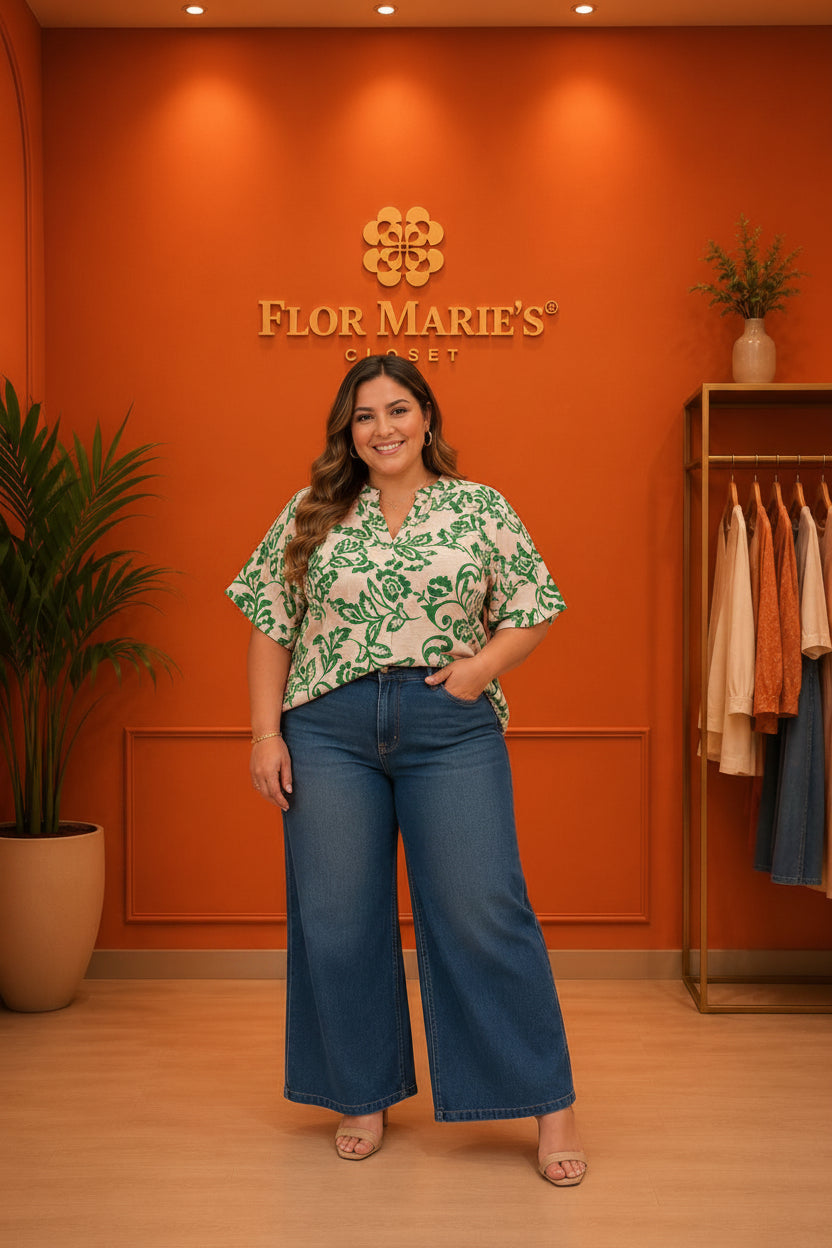 Blusa Estampada Botanica Verde Talla Plus Size/Blusa Cuello V Manga Corta para Mujer en Panamá