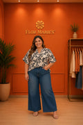 Blusa Estampada Botánica Crudo y Negro Talla Plus Size/Blusa Cuello V manga corta para Mujer en Panamá