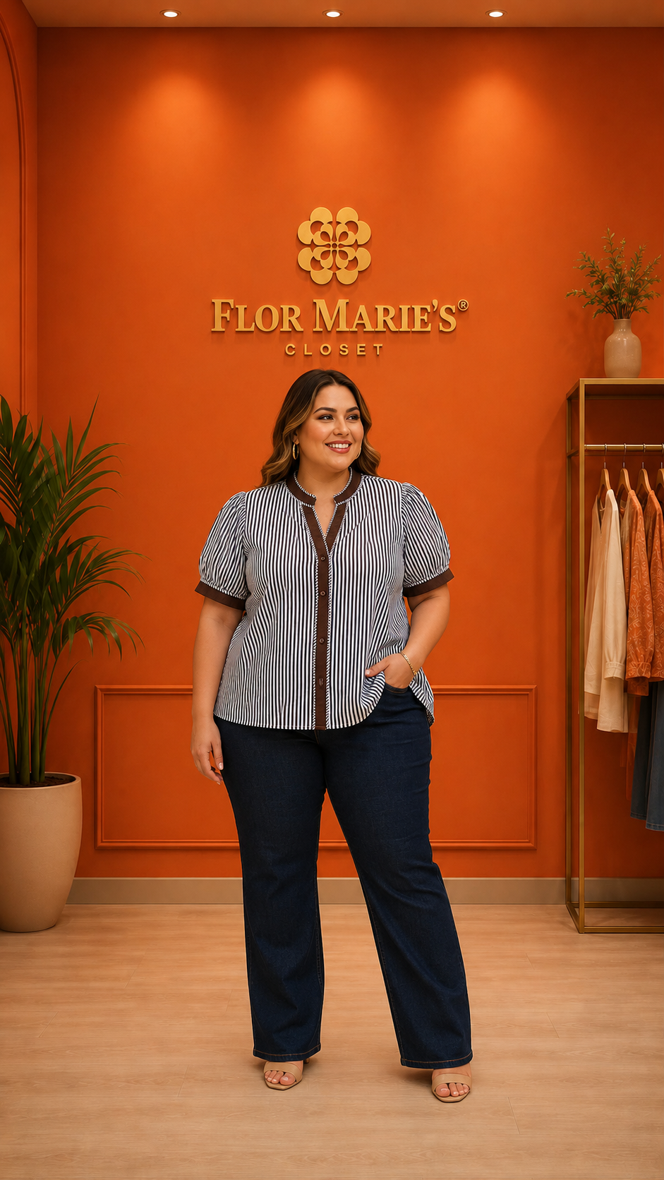 Blusa Plus Size a Rayas con Ribete Café - Elegante Para Mujer