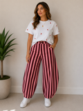 Sarisa Pantalón de Rayas Verticales Rosa y Borgoña de Pierna Ancha