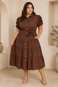 Vestido Midi Marrón de Lunares con Mangas Volantes