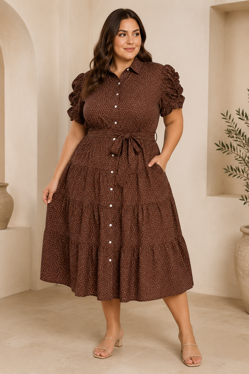 Vestido Midi Marrón de Lunares con Mangas Volantes