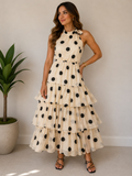 Vestido Crema de Lunares Negros con Escote Halter y Volantes