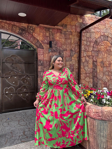 VESTIDO VERDE LIMA ESTAMPADO FUCSIA