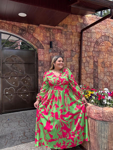 VESTIDO VERDE LIMA ESTAMPADO FUCSIA