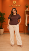 Blusa Chocolate Plus Size para Mujer con Perlas en Mangas