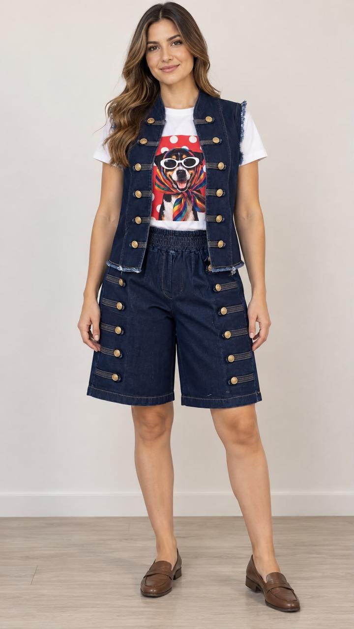 Conjunto Denim de Chaleco y Bermuda con Botones Dorados para Mujer