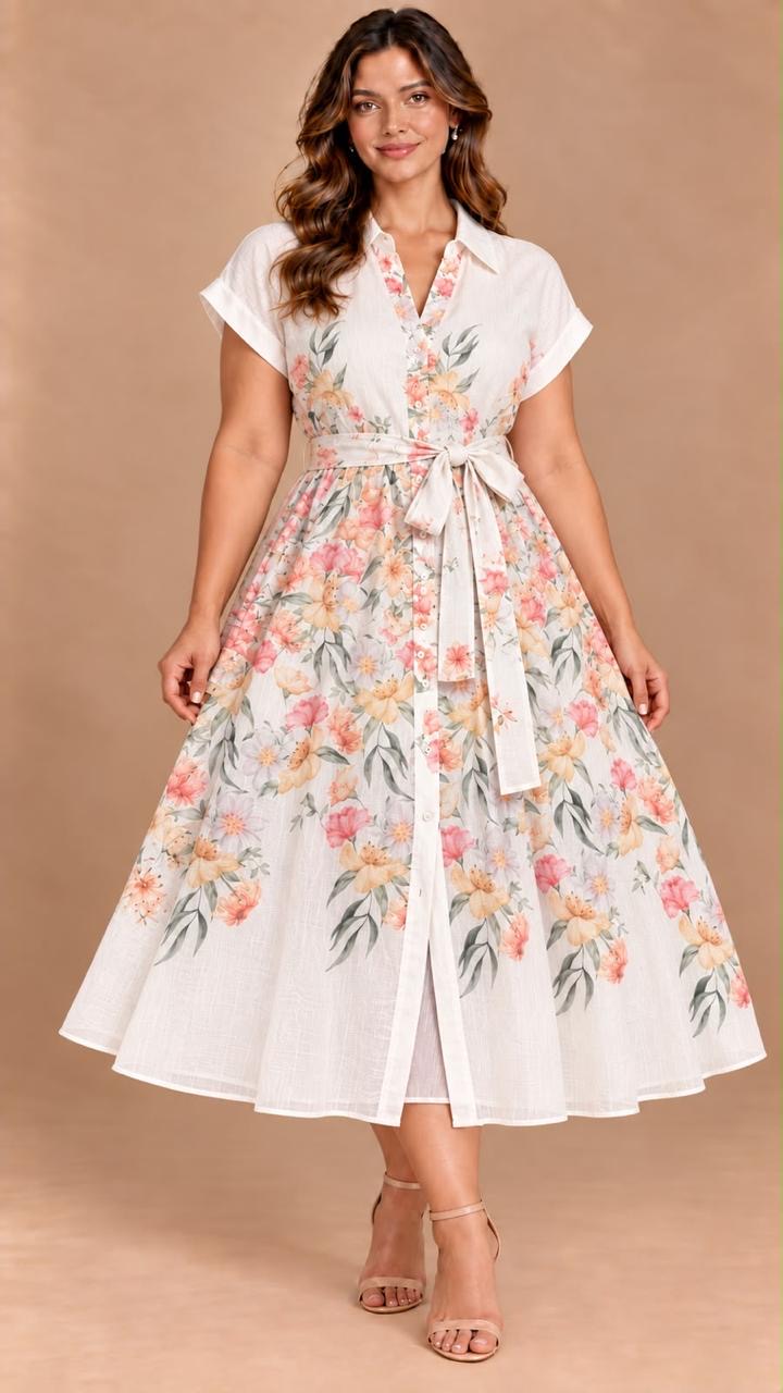 Vestido Midi Camisero Floral Marfil con Fajón para Mujer