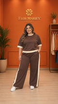 Conjunto Plus Size Deportivo de Dos Piezas en Marrón con Detalles en Contraste