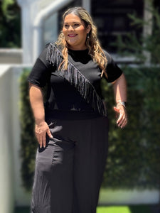 BLUSA PLUS SIZE NEGRA CON FLECOS