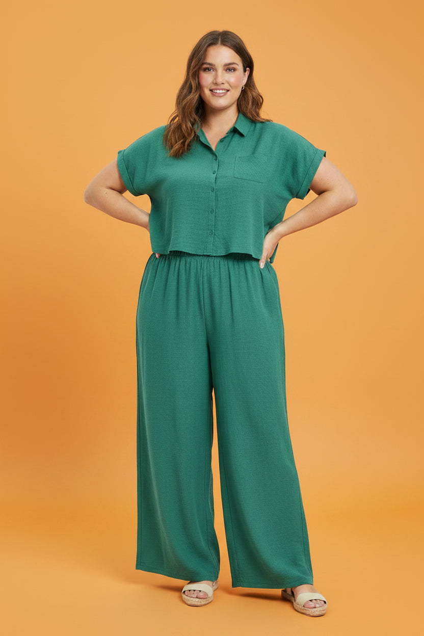 Conjunto Plus Size Verde Esmeralda para Mujer/Blusa con Botones y Pantalón Palazzo/ Moda Curvy Panamá
