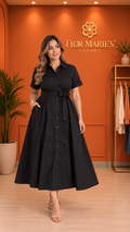 Vestido Camisero Negro con Cinturón y Bolsillos