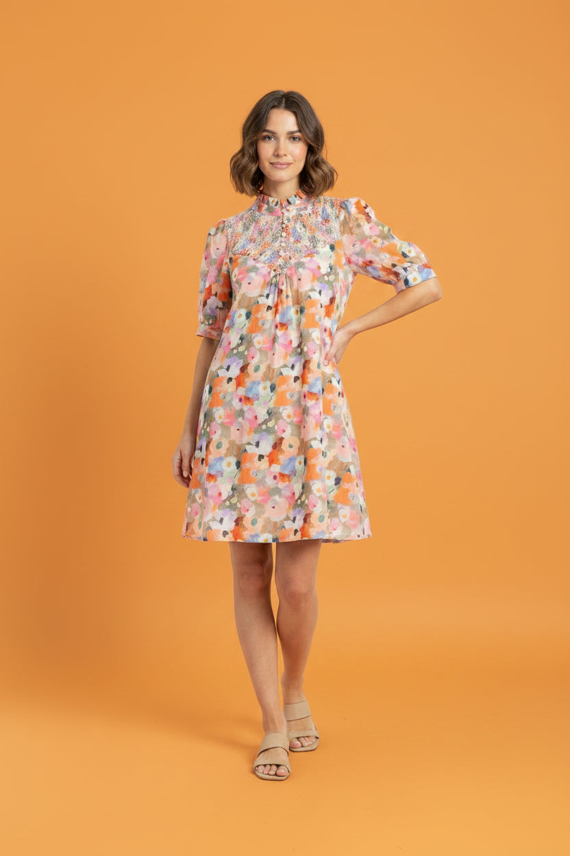 VESTIDO FLORAL MUTICOLOR PARA MUJER CON DETALLE FRUNCIDO- MODA FEMENINA EN PANAMA