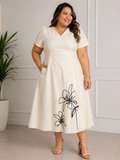 Vestido Marfil Midi con Bordado Floral Negro, Escote en V y Bolsillos