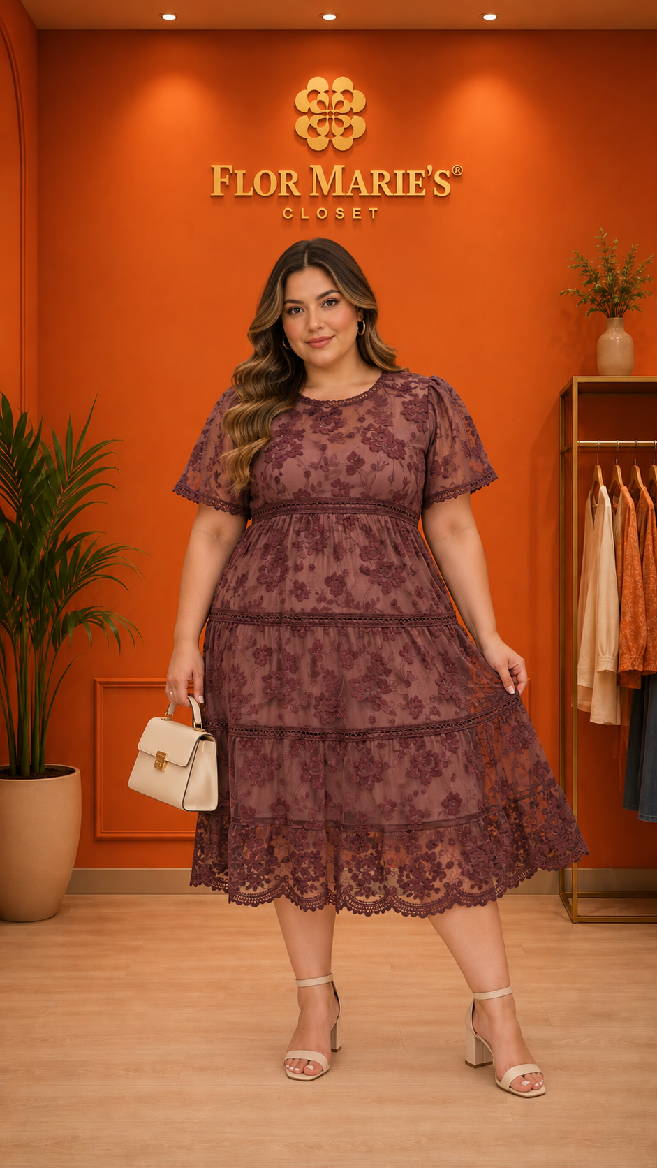 Vestido Plus Size de Encaje Floral Color Ciruela con Falda de Volantes