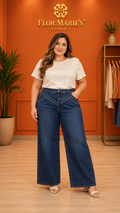 Jean Plus Size Wide Leg Azul Oscuro con Costuras en V y Tiro Alto