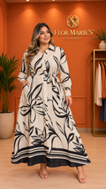 Vestido Camisero Beige con Estampado Botánico Negro y Cinturón