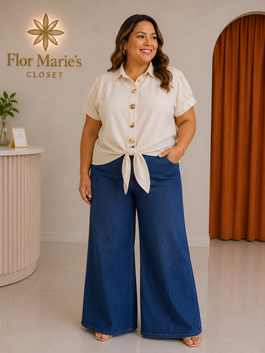 Blusa Marfil con Botones Dorados y Lazo Frontal – Tallas Plus