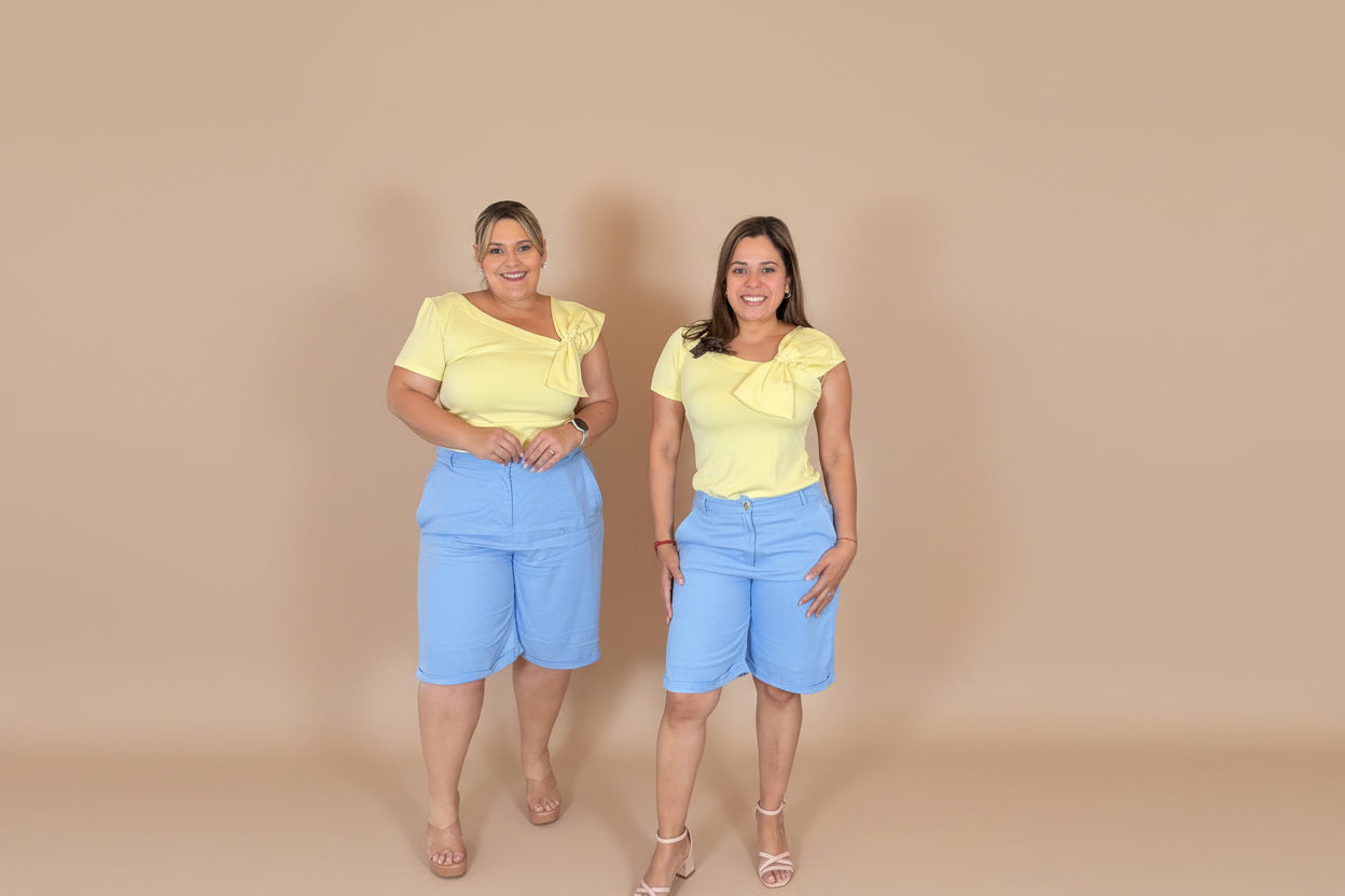 Short Azul Claro Elegante para Mujer en Panamá/Pantalón Corto de Vestir con Pretina Alta