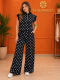 Set Negro con Lunares Grises de Blusa y Pantalón