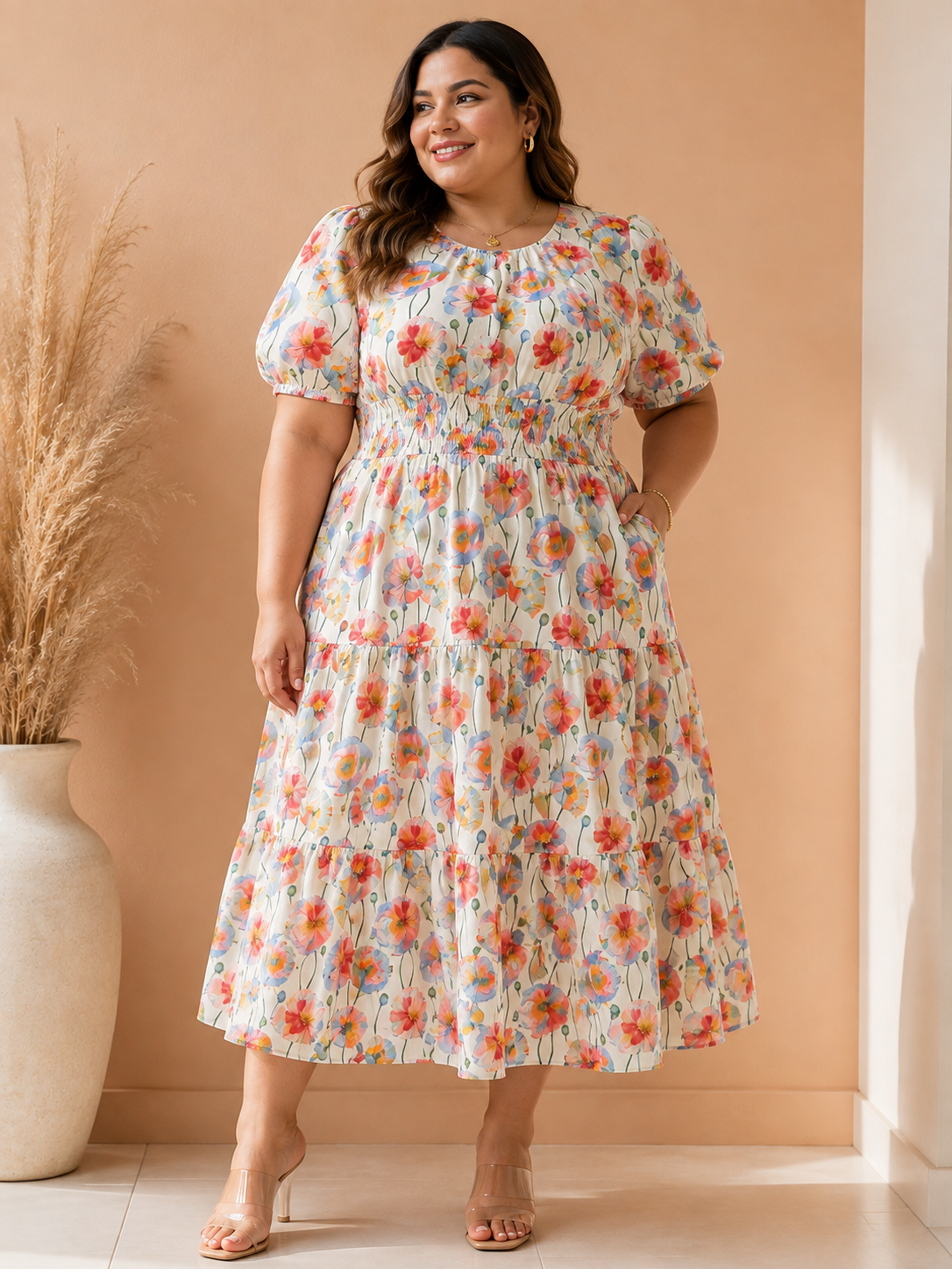 Vestido Midi Plus Size Floral con Cintura Fruncida