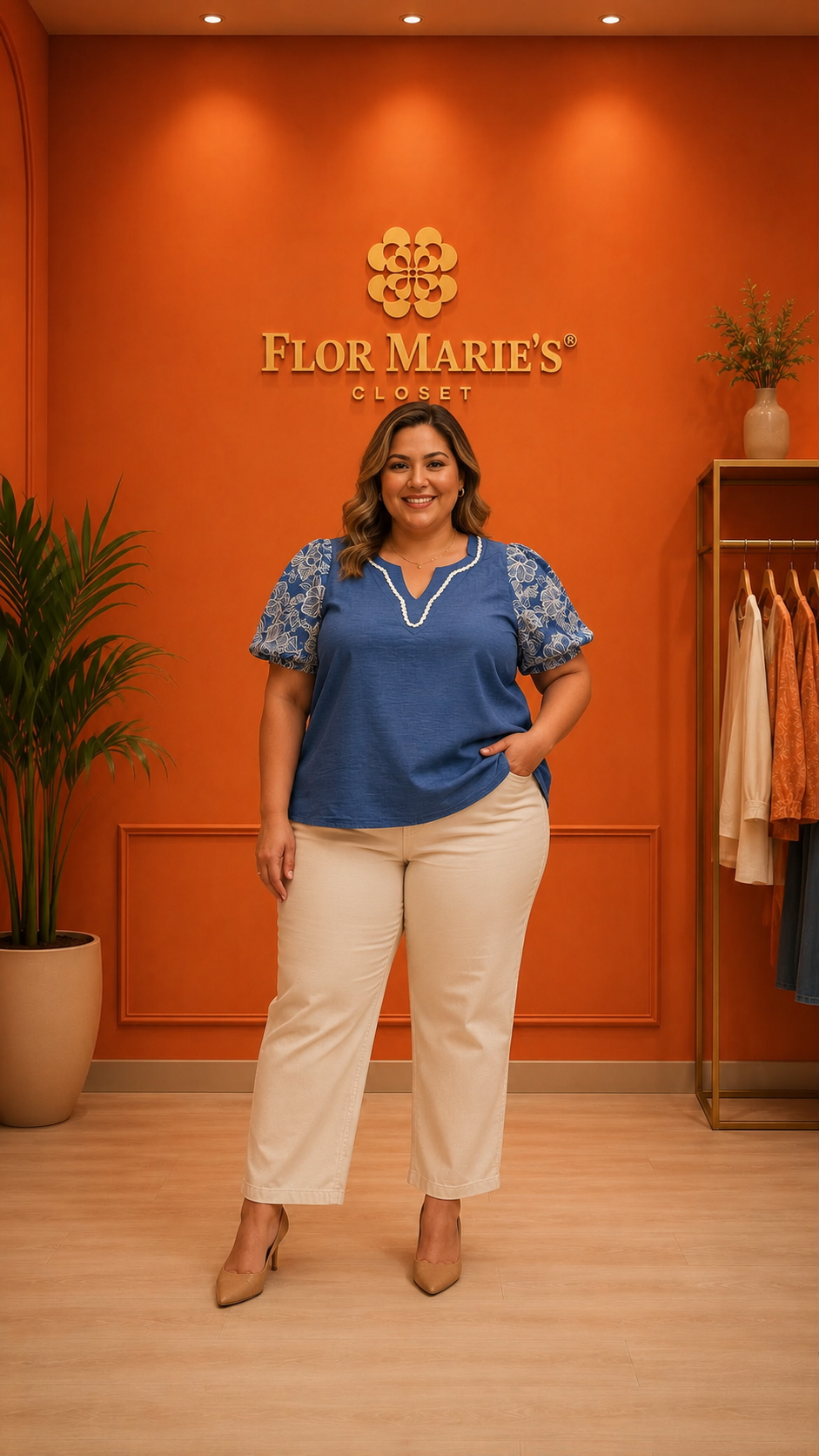 Blusa Azul Plus Size Mangas Abullonadas Bordadas/Blusas Talla Grande para Mujer en Panamá