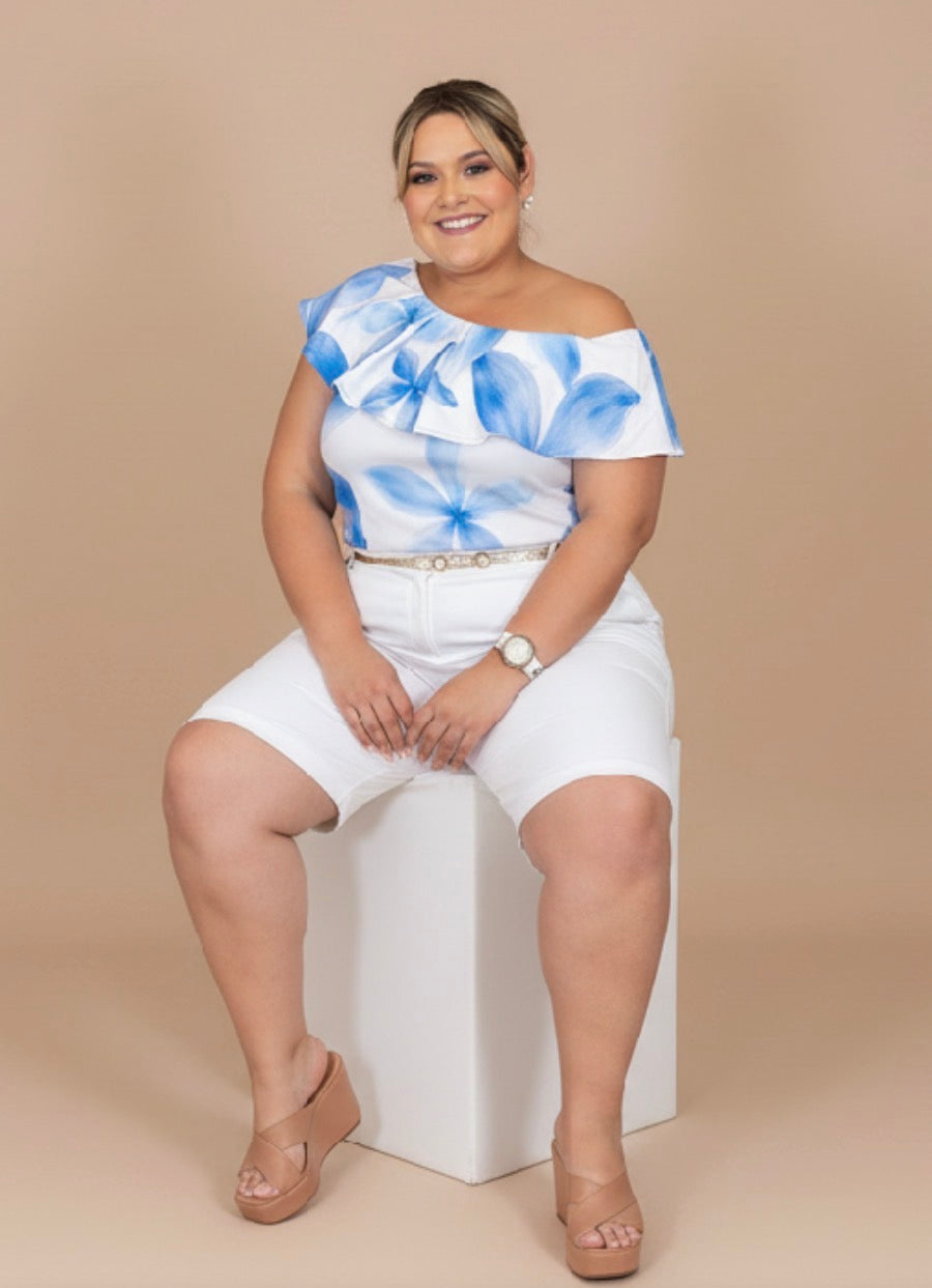 Blusa Floral Azul de Hombro Descubierto para Mujer/ Blusa Elegante y Fresca en Panama
