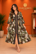 Vestido Midi Floral Verde Oliva con Mangas Abullonadas